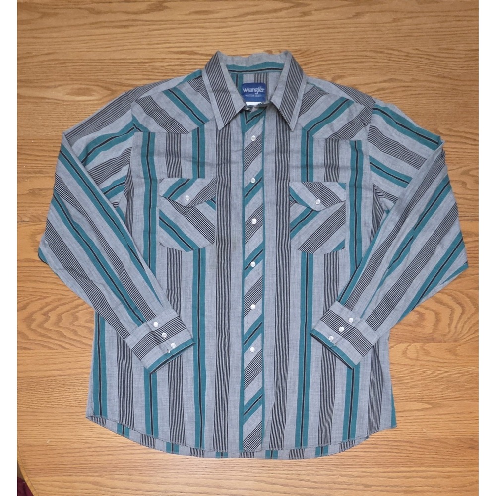 Vintage Wrangler Western Shirt Pearl Snap Plaid Cowboy Rodeo Green Gray Mens XL
